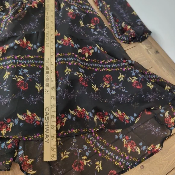 Guess Black Floral Faux Wrap Long Sleeve Mini Dress (no belt) - Picture 14 of 16